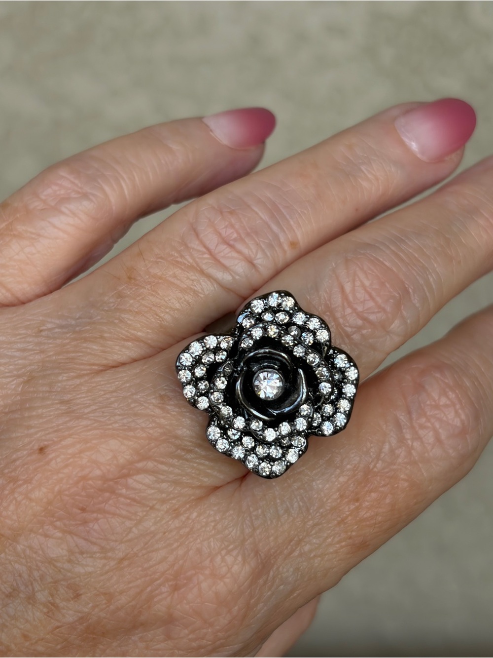Sparkling Gunmetal Floral Crystal Cocktail Ring